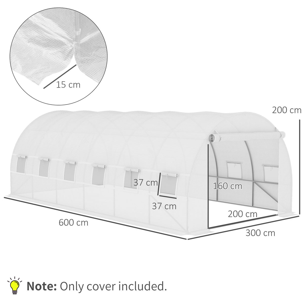 Replacement film replacement cover 600 x 300 x 200 cm with front door, 12 windows, tear-resistant greenhouse film, garden film for greenhouse, greenhouse, cold frame, white
