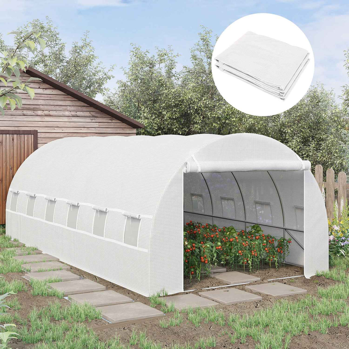 Replacement film replacement cover 600 x 300 x 200 cm with front door, 12 windows, tear-resistant greenhouse film, garden film for greenhouse, greenhouse, cold frame, white