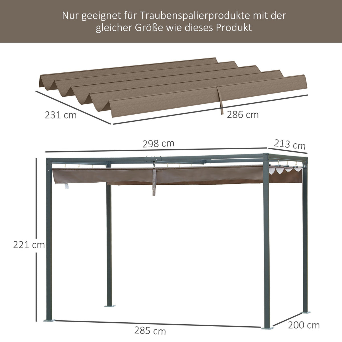 Replacement roof for 2.85 x 2 m pergola, water-repellent retractable wave canopy with rain drainage holes, UV protection 30+, winterproof shade cover for garden, balcony, terrace, coffee