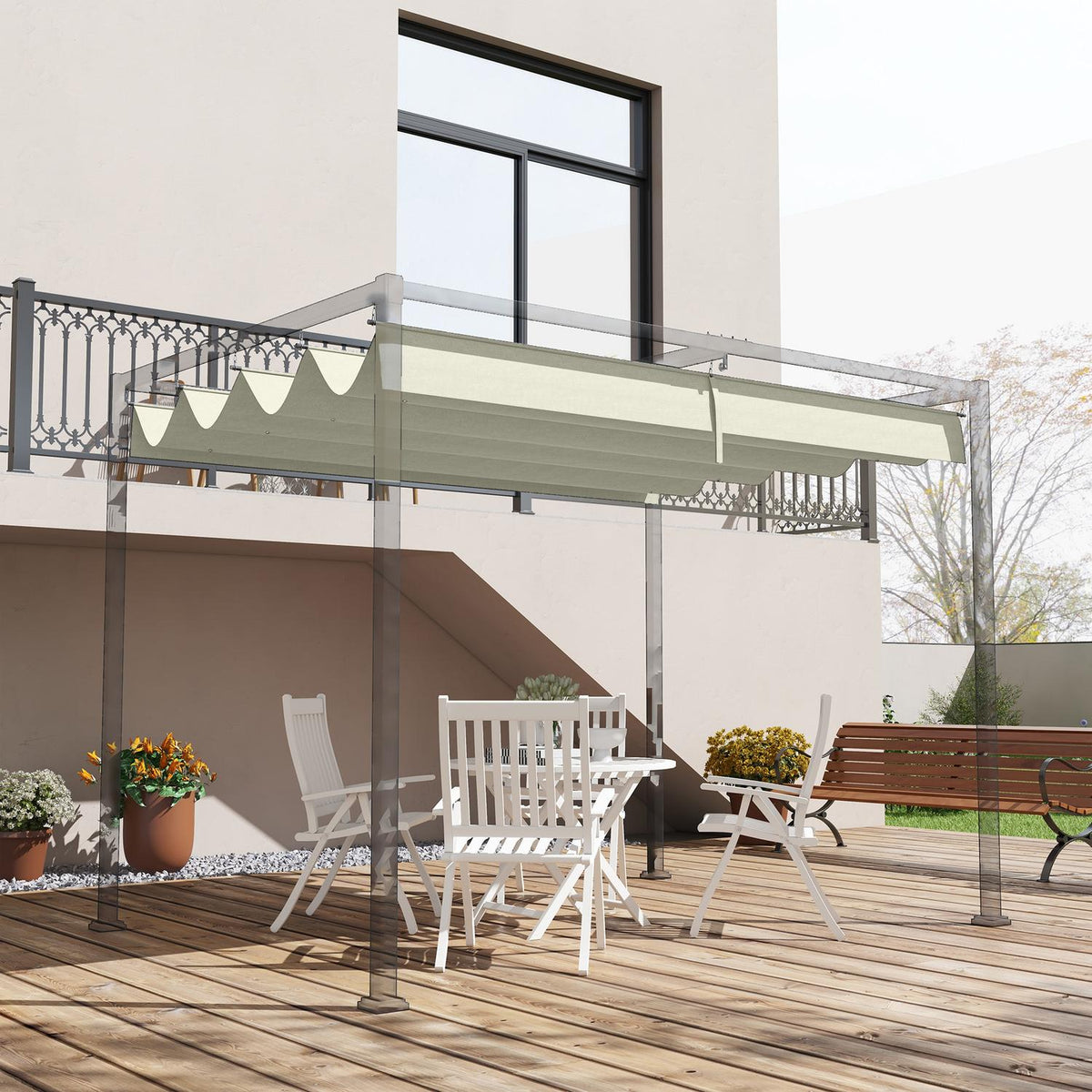Replacement roof for 2.85 x 2 m pergola, water-repellent retractable wave canopy with rain drainage holes, UV protection 30+, winterproof shade cover for garden, balcony, terrace, cream white