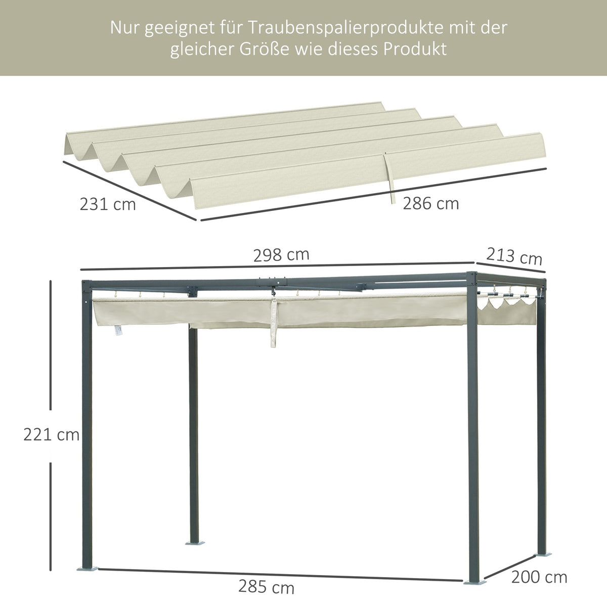 Replacement roof for 2.85 x 2 m pergola, water-repellent retractable wave canopy with rain drainage holes, UV protection 30+, winterproof shade cover for garden, balcony, terrace, cream white