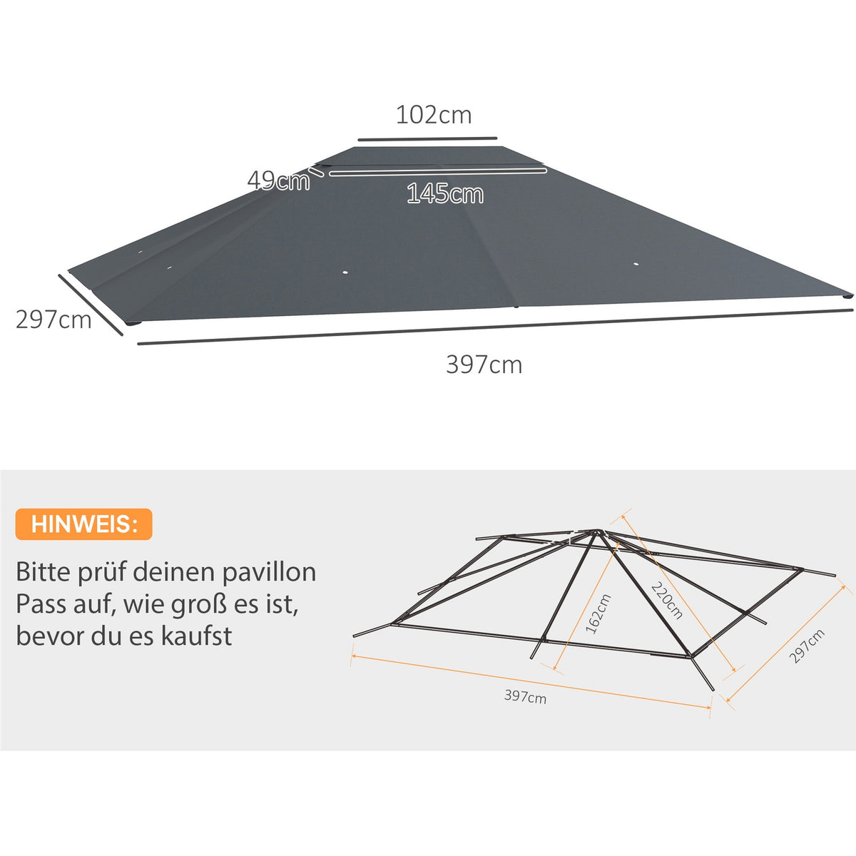 Replacement roof for pavilion 4 x 3m, water-repellent pavilion roof with UV protection 30+, replacement cover for garden pavilion, spare parts made of polyester fabric, 180 g/m², dark gray
