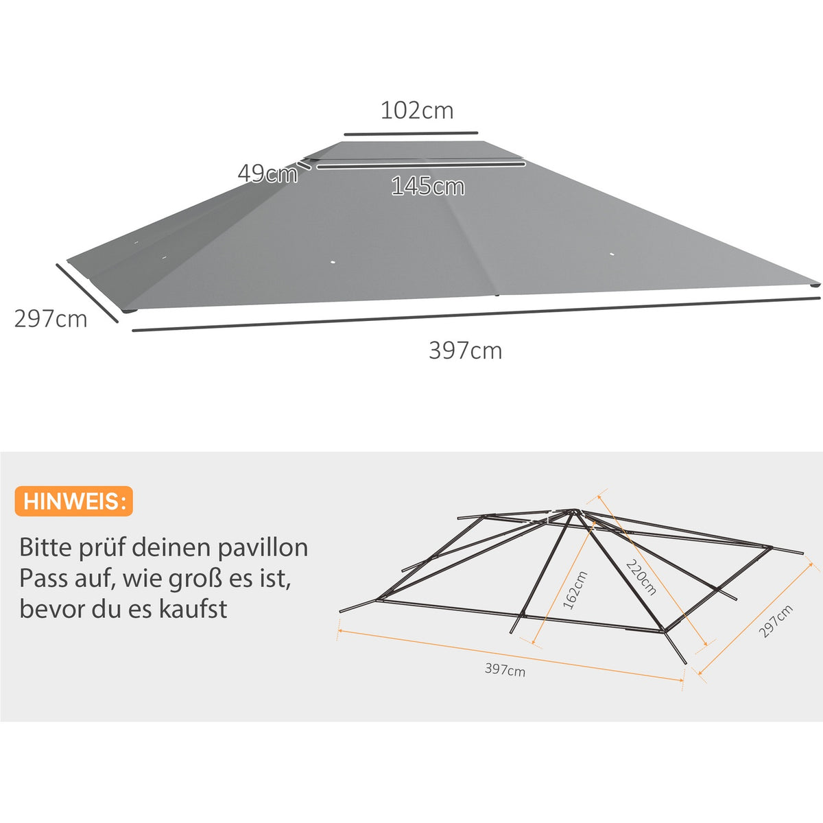Replacement roof for pavilion 4 x 3m, water-repellent pavilion roof with UV protection 30+, replacement cover for garden pavilion, spare parts made of polyester fabric, 180 g/m², light gray