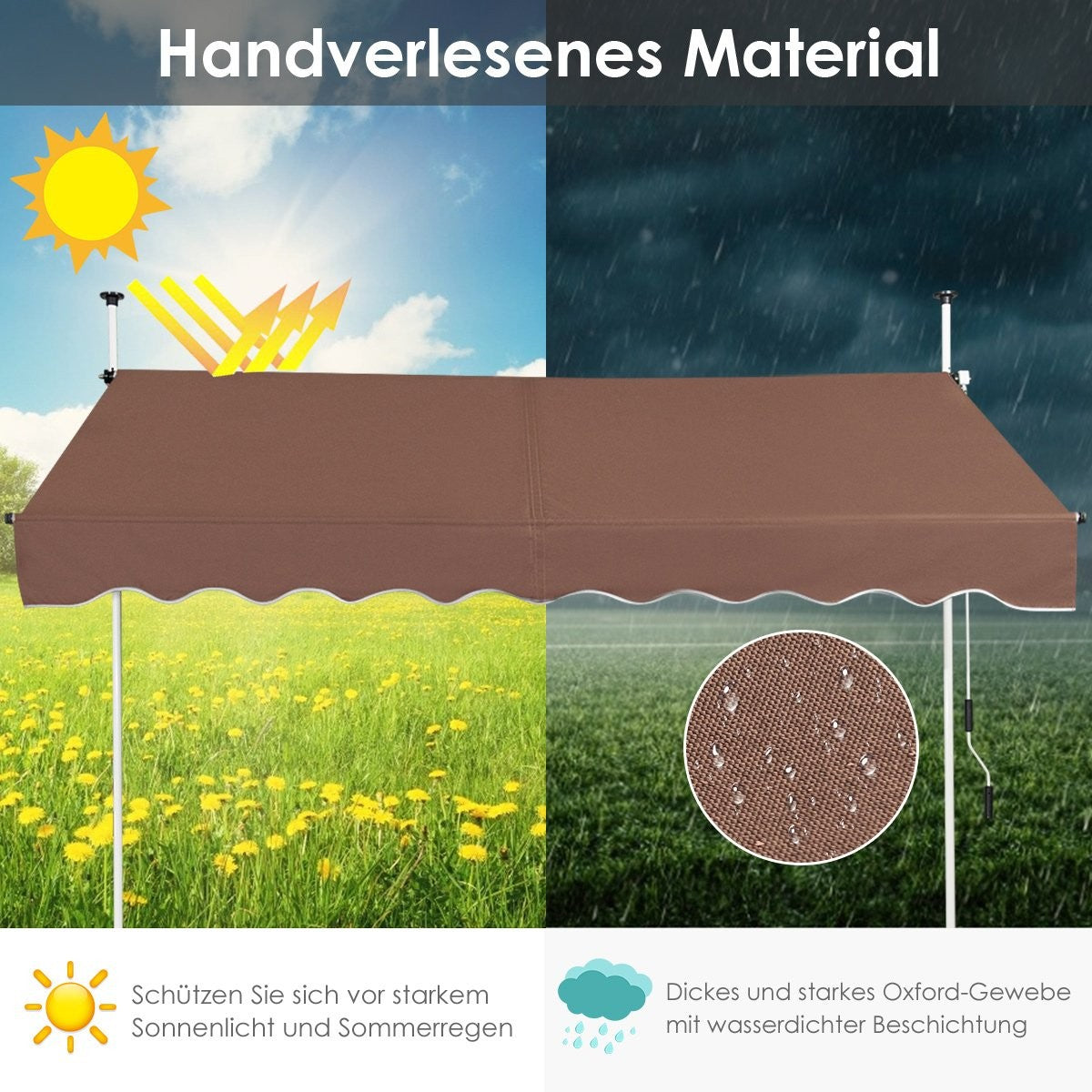 Retractable Awning 200cm, No-Drill, UV-Resistant, Adjustable