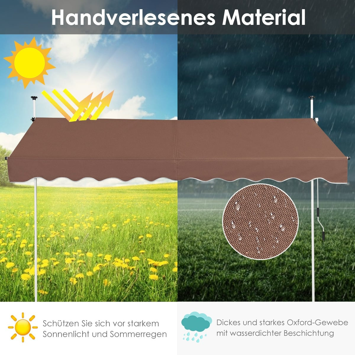 Retractable Awning 300cm, No-Drill, UV-Resistant, Brown