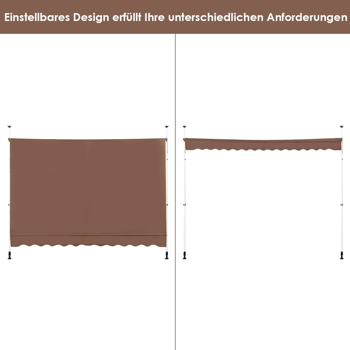 Retractable Awning 300cm, No-Drill, UV-Resistant, Brown