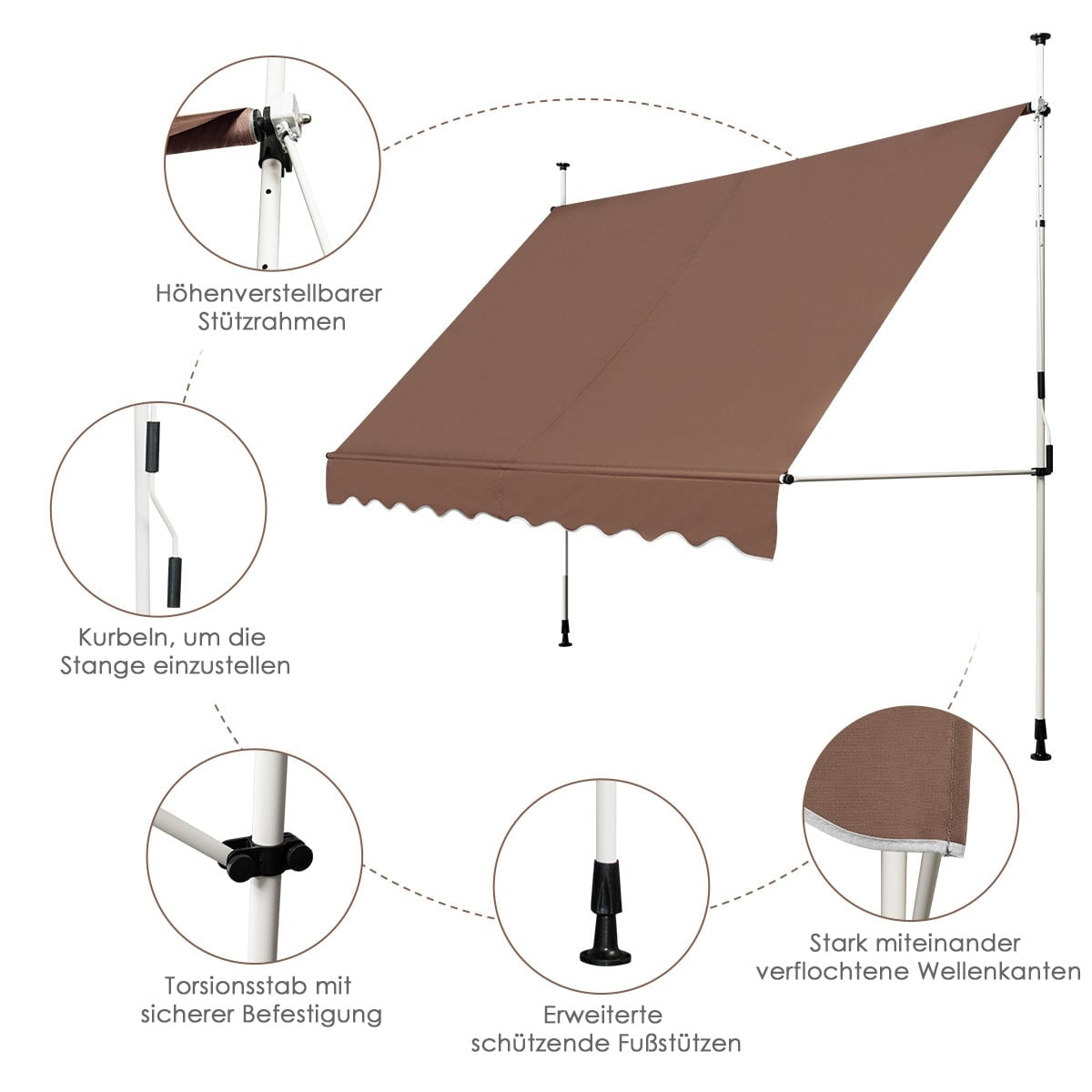 Retractable Awning 300cm, No-Drill, UV-Resistant, Brown