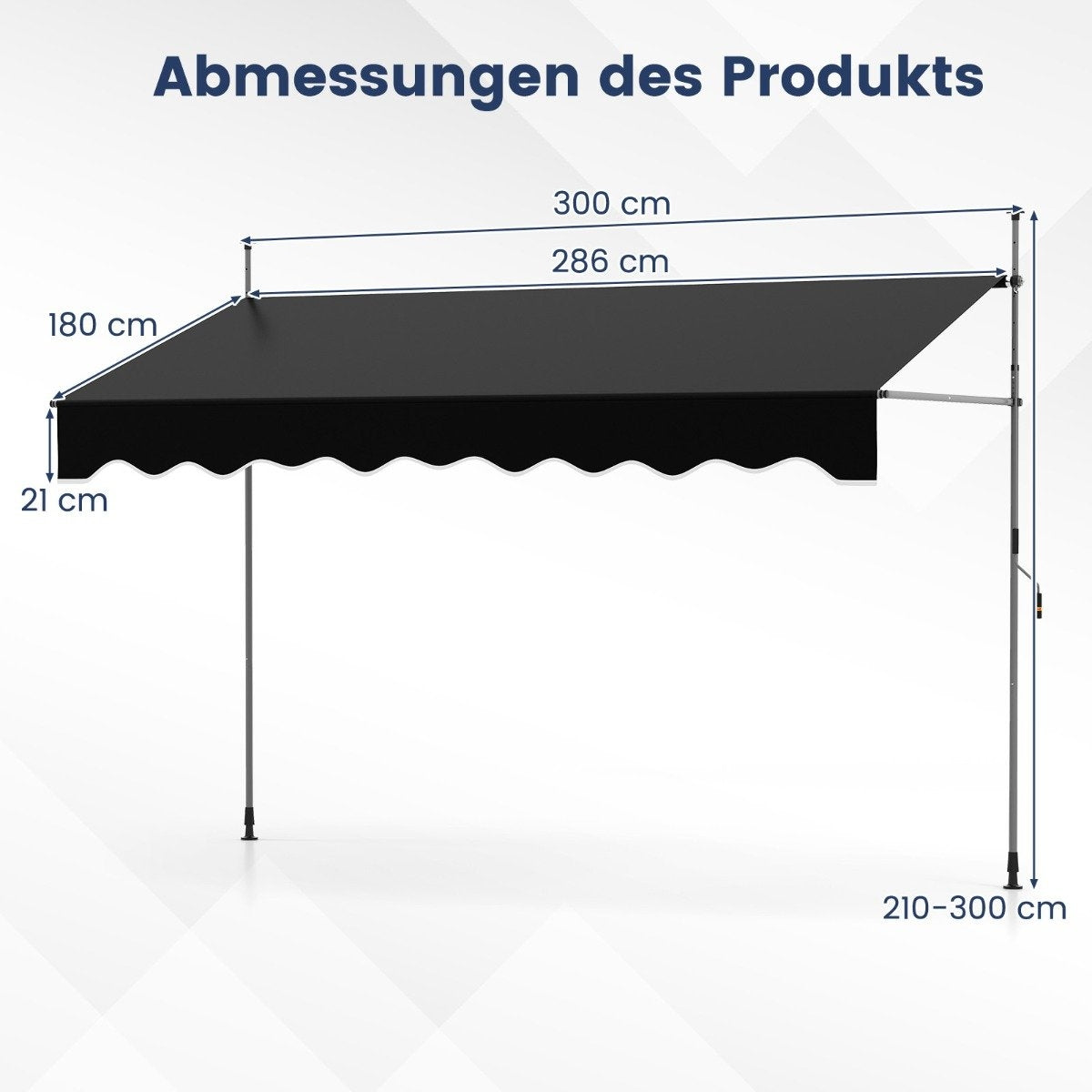 Retractable Awning, No-Drill, Adjustable Height, 300cm, Black