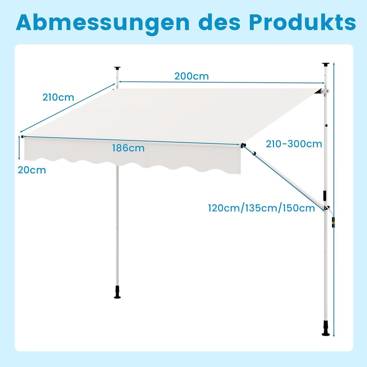 Retractable Balcony Awning, 200cm, No-Drill, UV Resistant