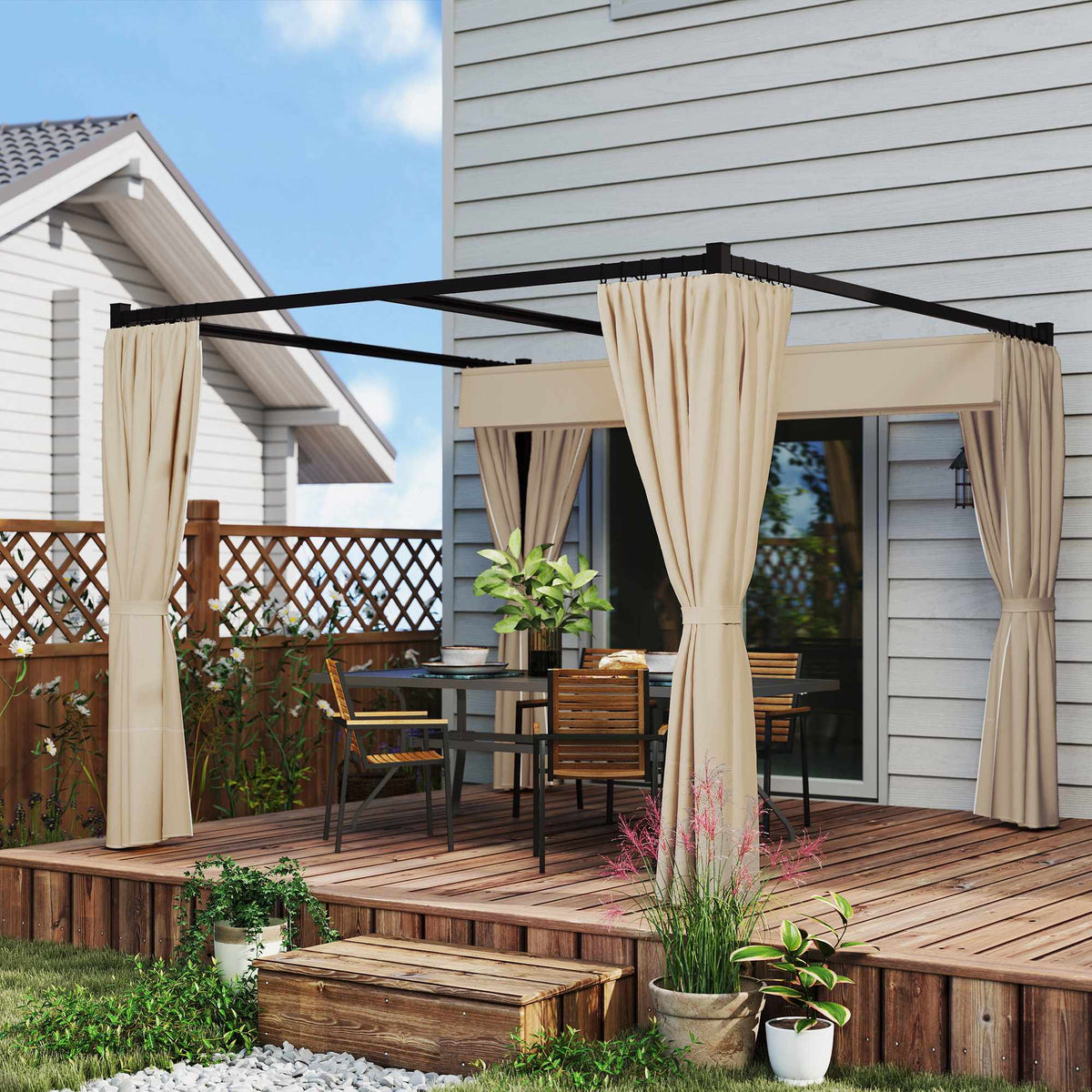 Retractable Freestanding Patio Canopy, Metal Frame, Beige