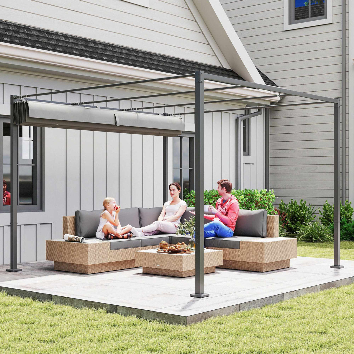 Retractable Garden Pergola with Canopy, 3x3m, Gray