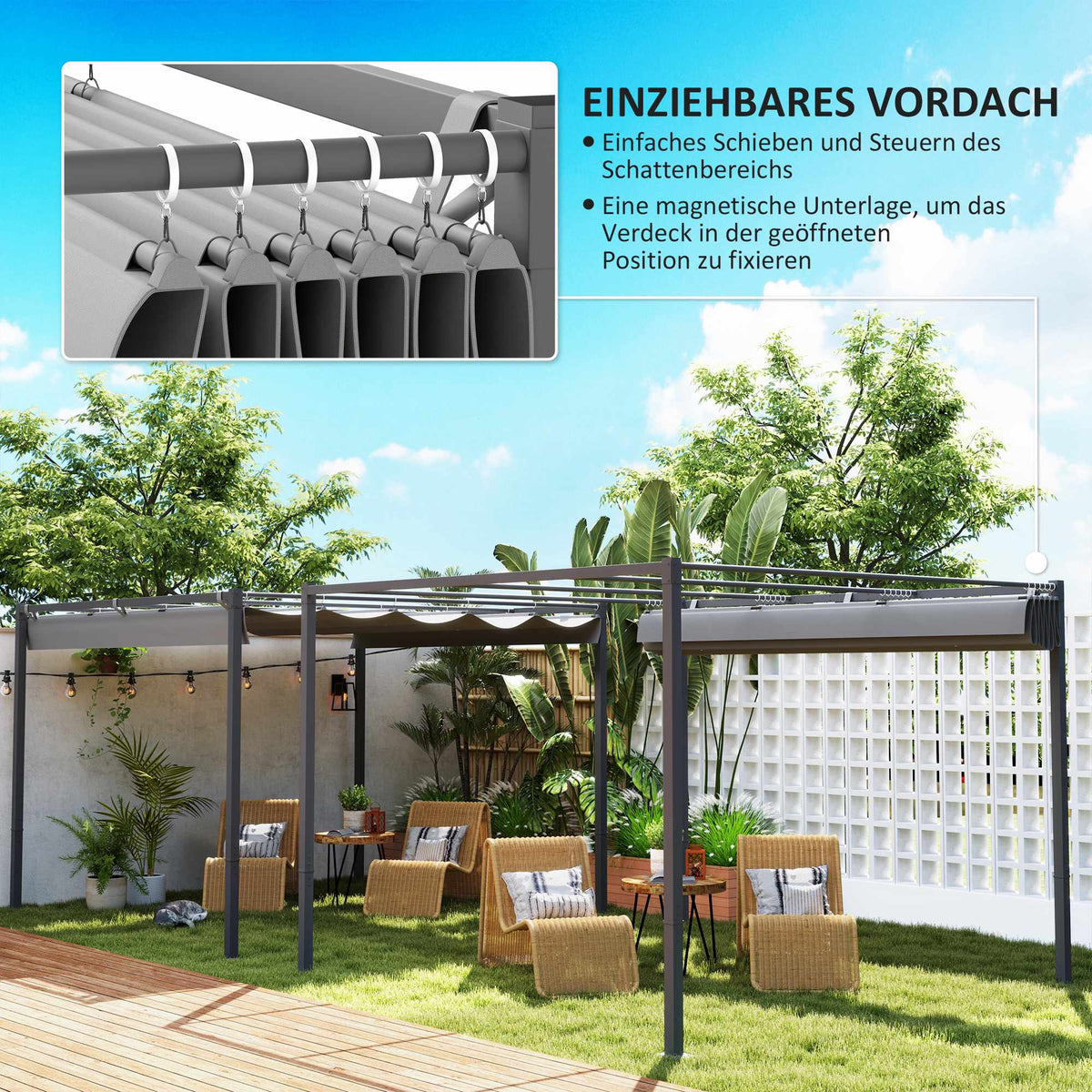 Retractable Garden Pergola with Canopy, 3x3m, Gray