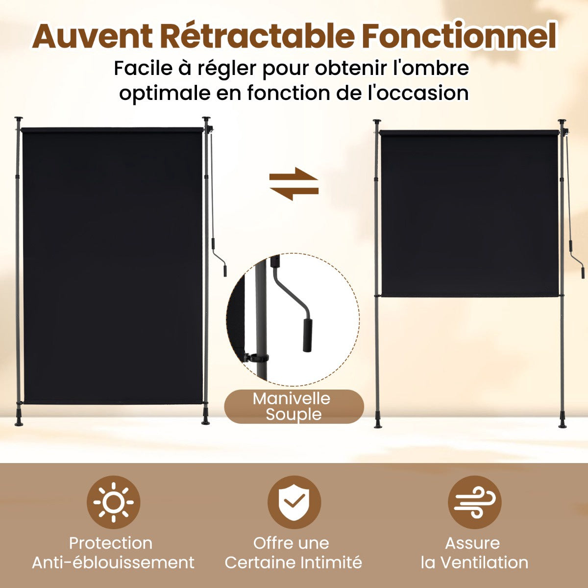 Retractable Outdoor Roller Shade, Crank, 150cm, 220-310cm