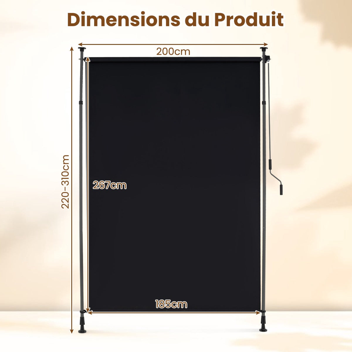 Retractable Outdoor Roller Shade, Crank, 150cm, 220-310cm