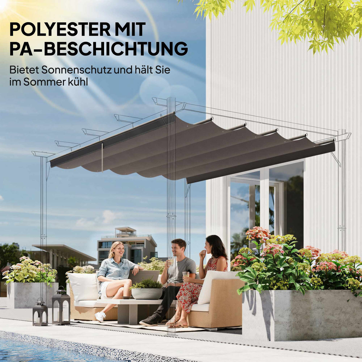 Retractable Pergola Canopy 4x3m, Weatherproof, Light Grey