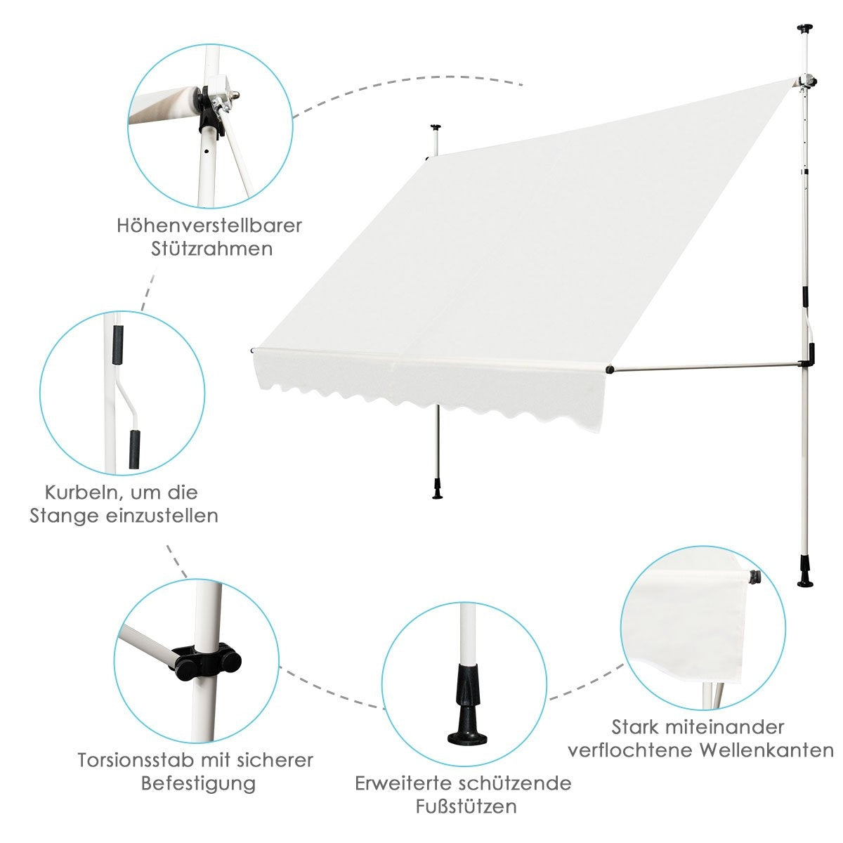 Retractable Sunshade Awning, Adjustable 250x120 cm, Beige