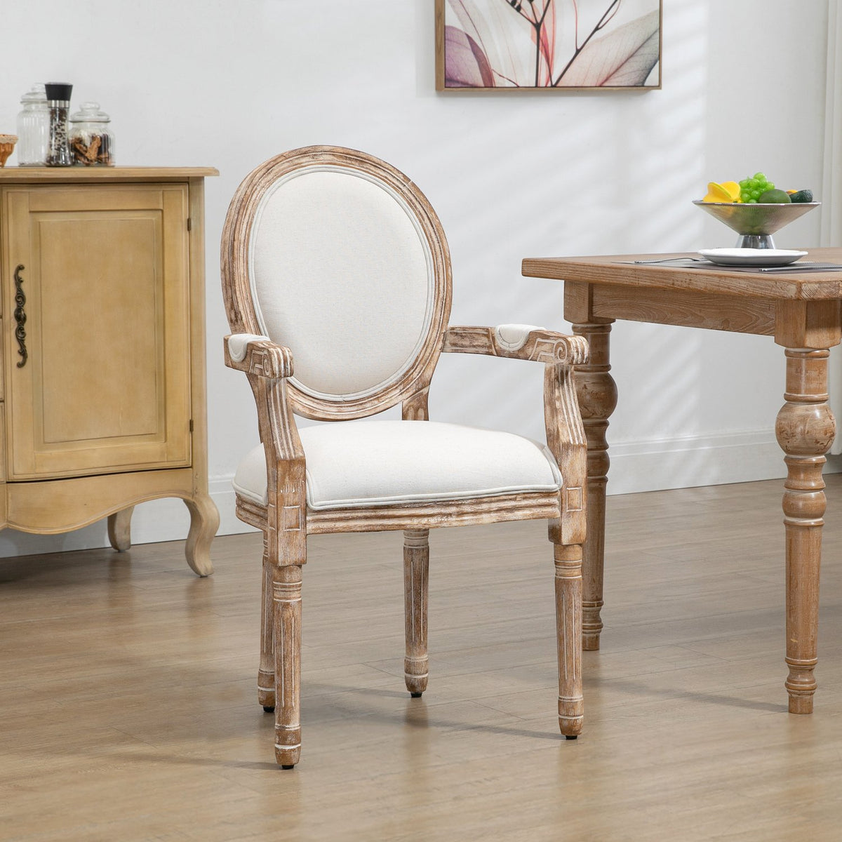 Retro Dining Room Chair Upholstered Chair Armrests Rubber Wood Cream White Wood Color 56 X 55.5 X 96 Cm