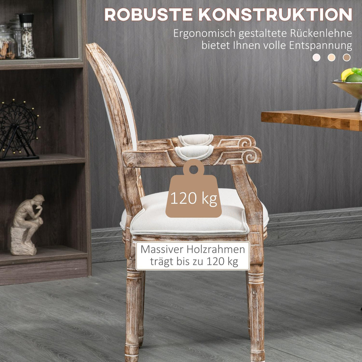 Retro Dining Room Chair Upholstered Chair Armrests Rubber Wood Cream White Wood Color 56 X 55.5 X 96 Cm