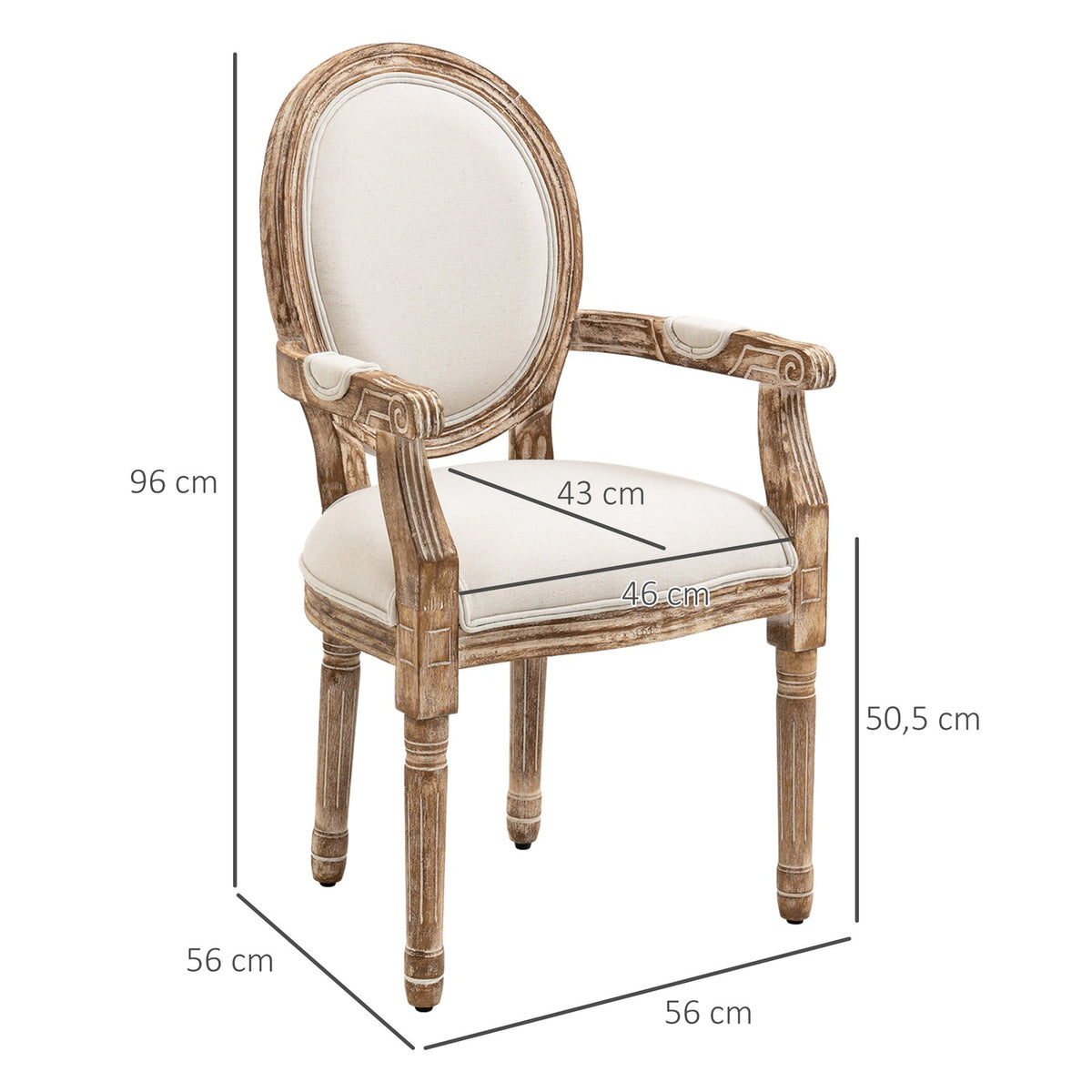Retro Dining Room Chair Upholstered Chair Armrests Rubber Wood Cream White Wood Color 56 X 55.5 X 96 Cm