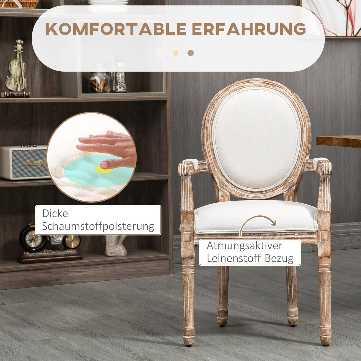Retro Dining Room Chair Upholstered Chair Armrests Rubber Wood Cream White Wood Color 56 X 55.5 X 96 Cm