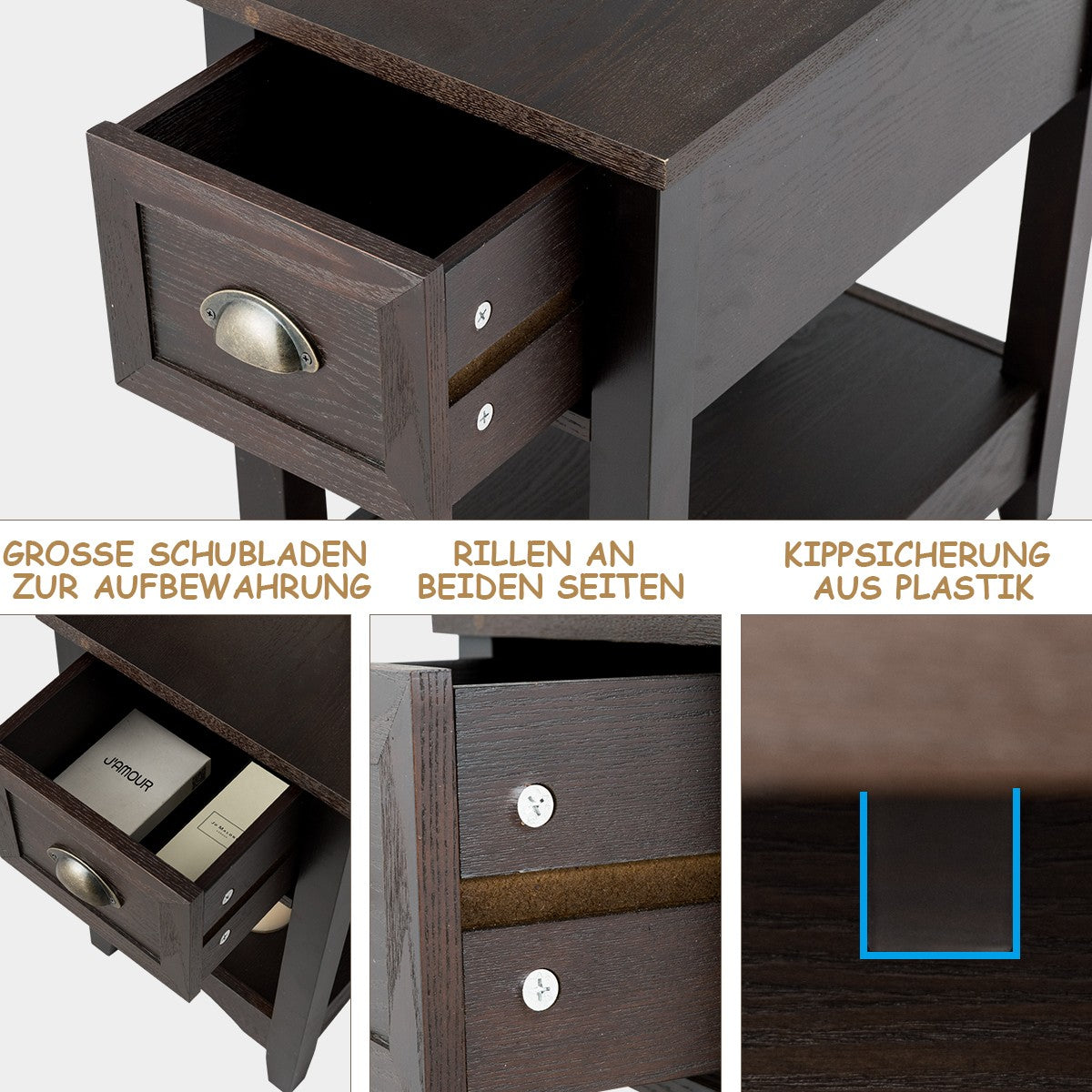 Retro side table with drawer & shelf rubber wood legs for living room & bedroom walnut