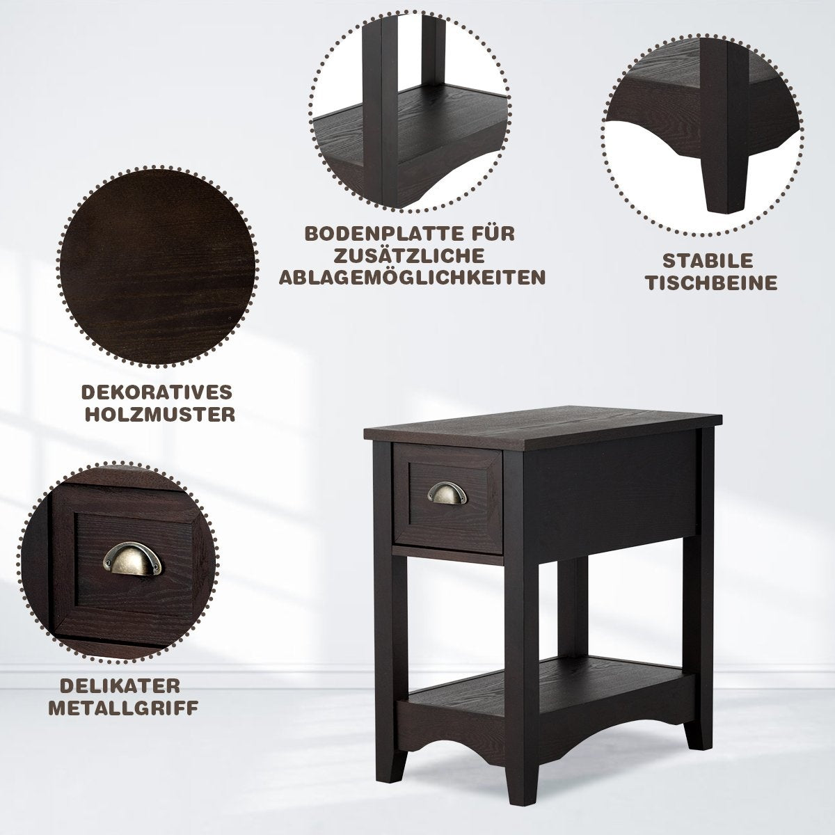 Retro side table with drawer & shelf rubber wood legs for living room & bedroom walnut