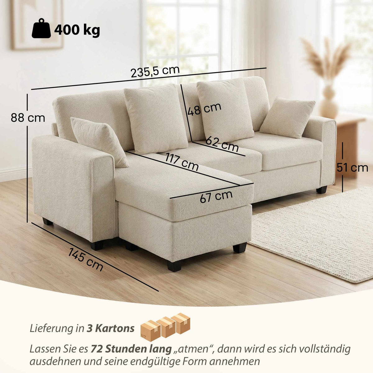 Reversible Chaise 3-Seater Velvet Sofa, Beige, Deep Seats