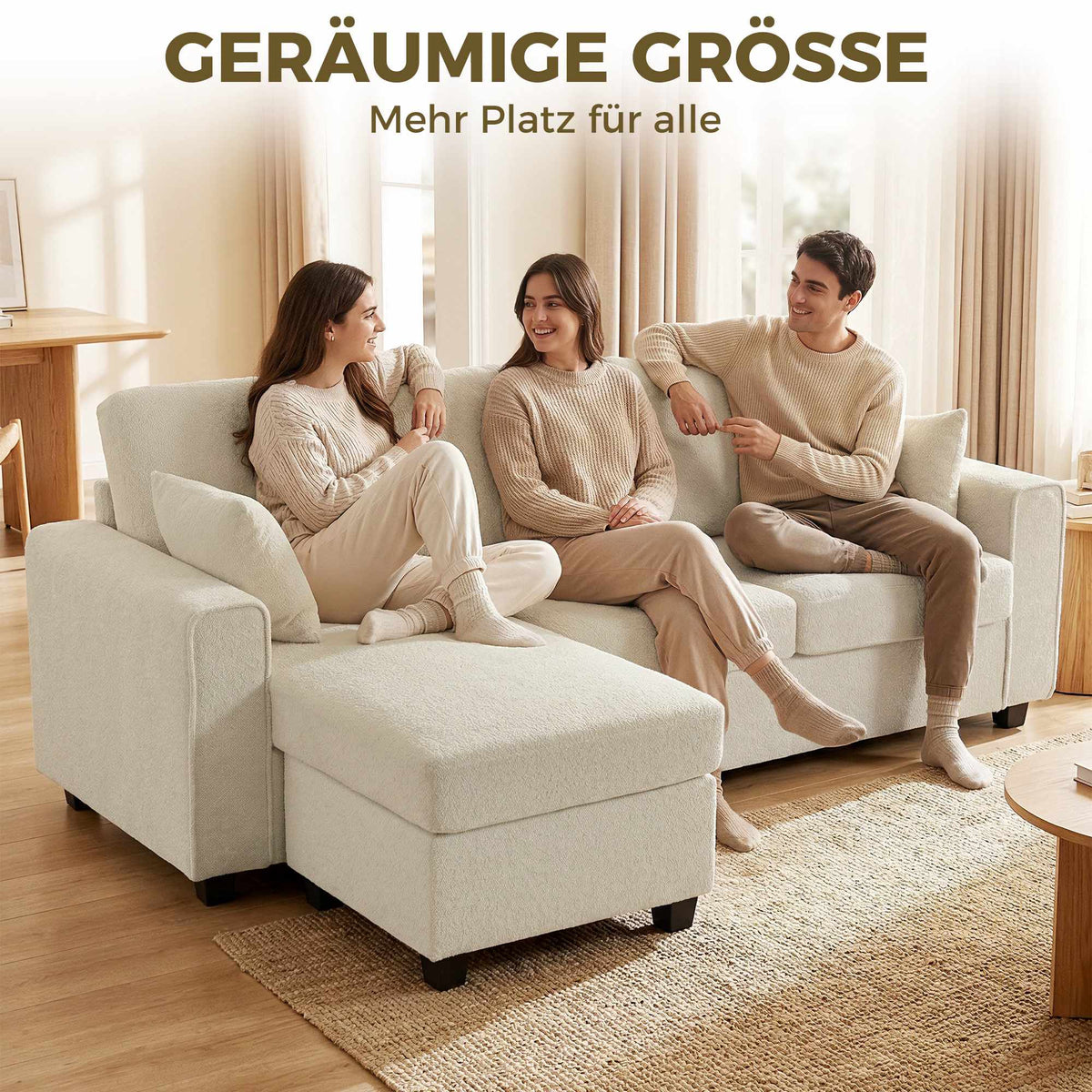 Reversible Chaise 3-Seater Velvet Sofa, Beige, Deep Seats