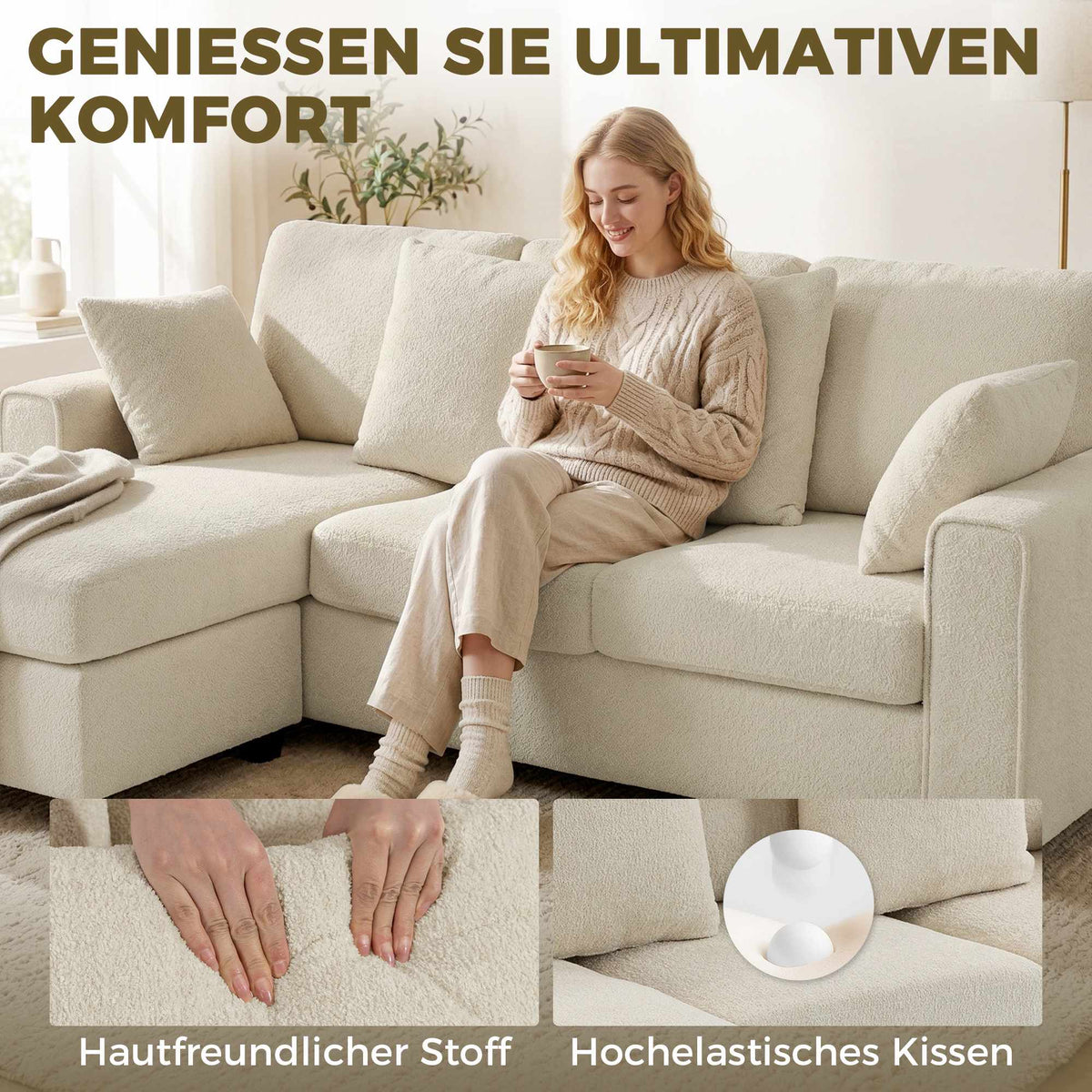 Reversible Chaise 3-Seater Velvet Sofa, Beige, Deep Seats