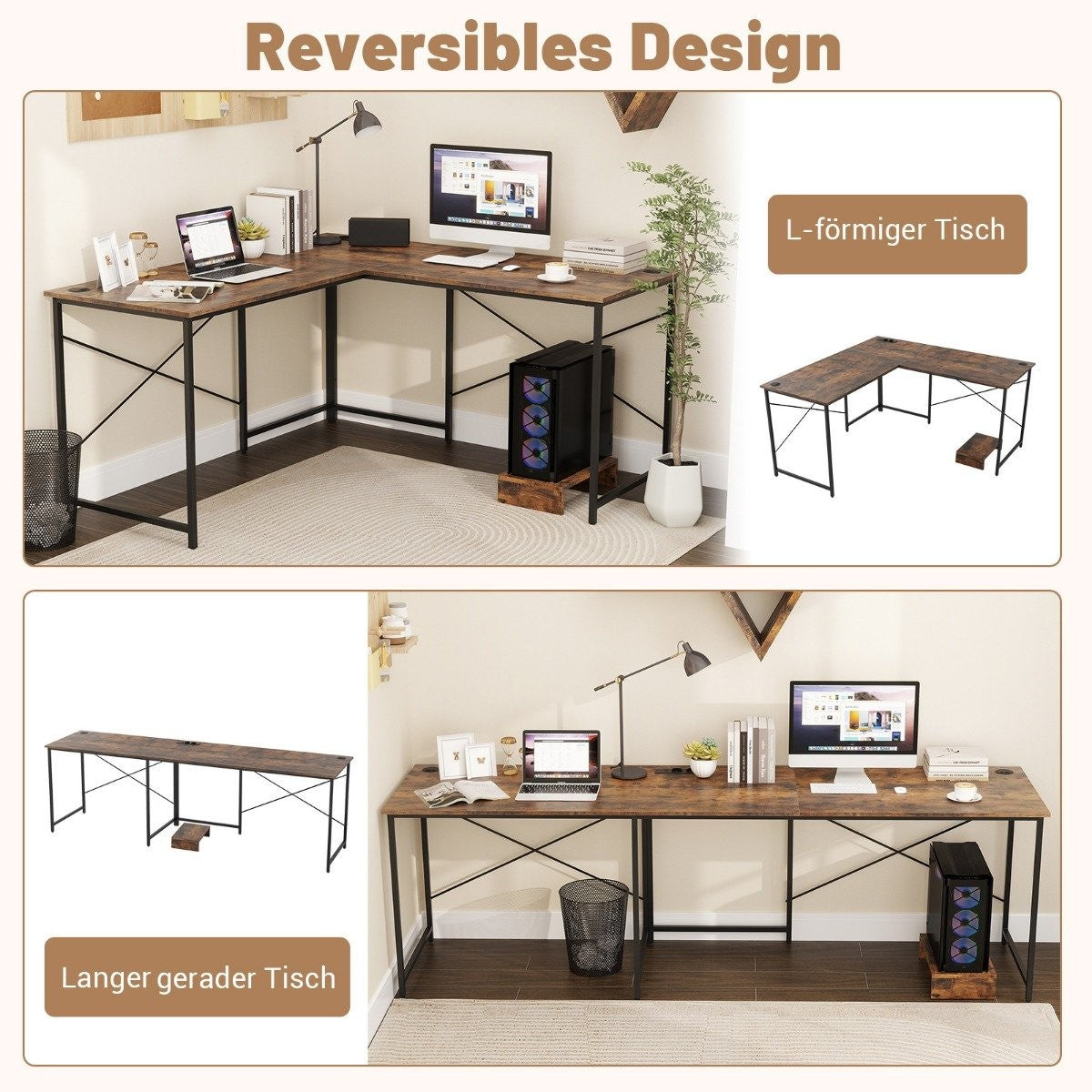 Reversible L-Shaped Desk with Charging Station, Brown