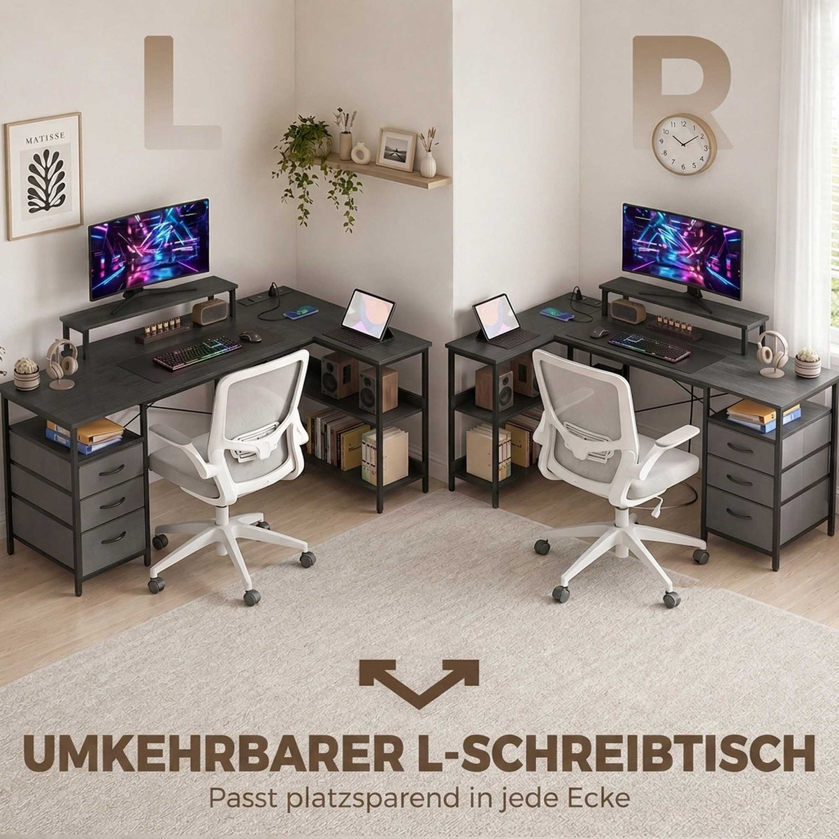 Reversible L-Shaped Desk with Drawers, Black, 170 cm