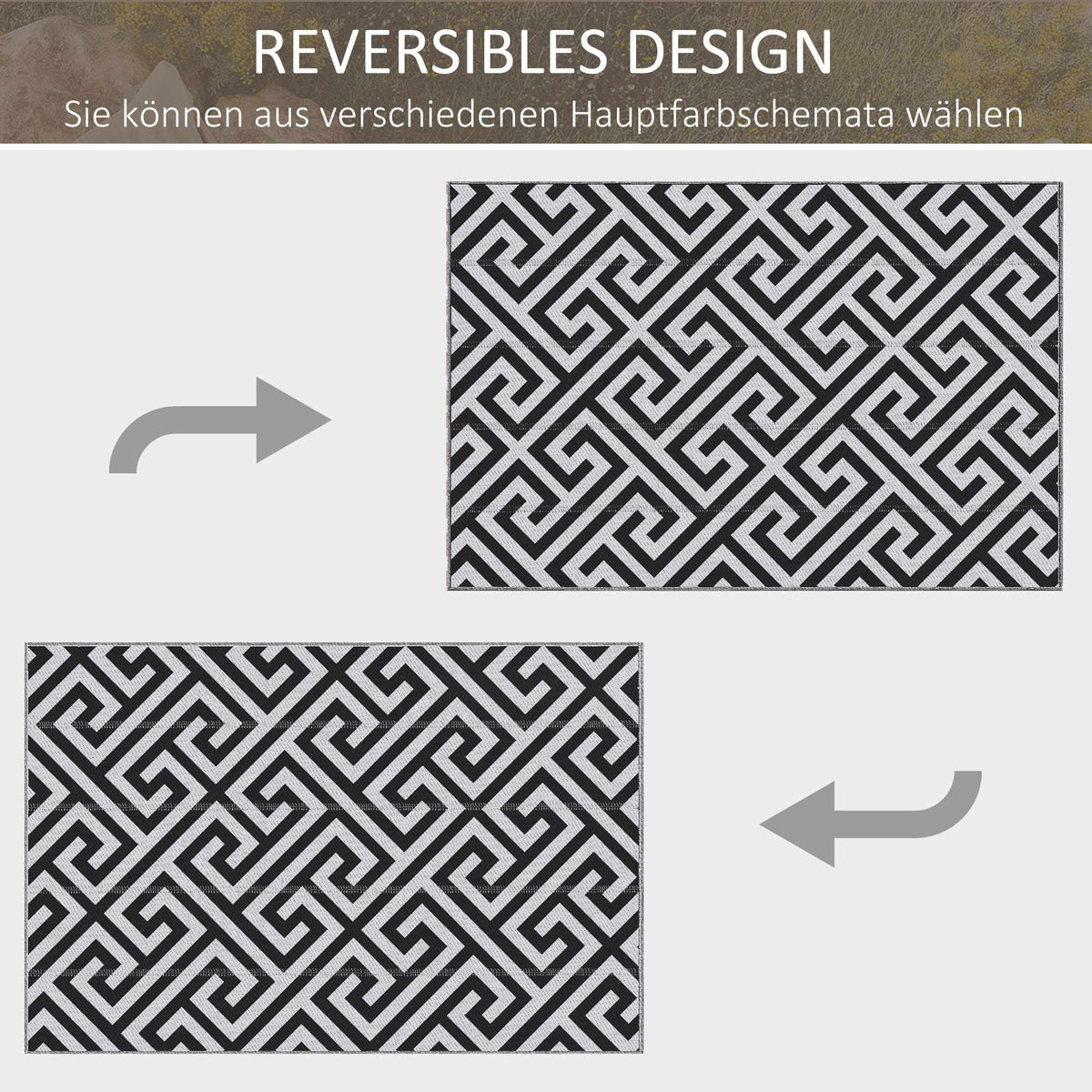 Reversible Outdoor Rug, Durable, Black/White, 121 x 182 cm