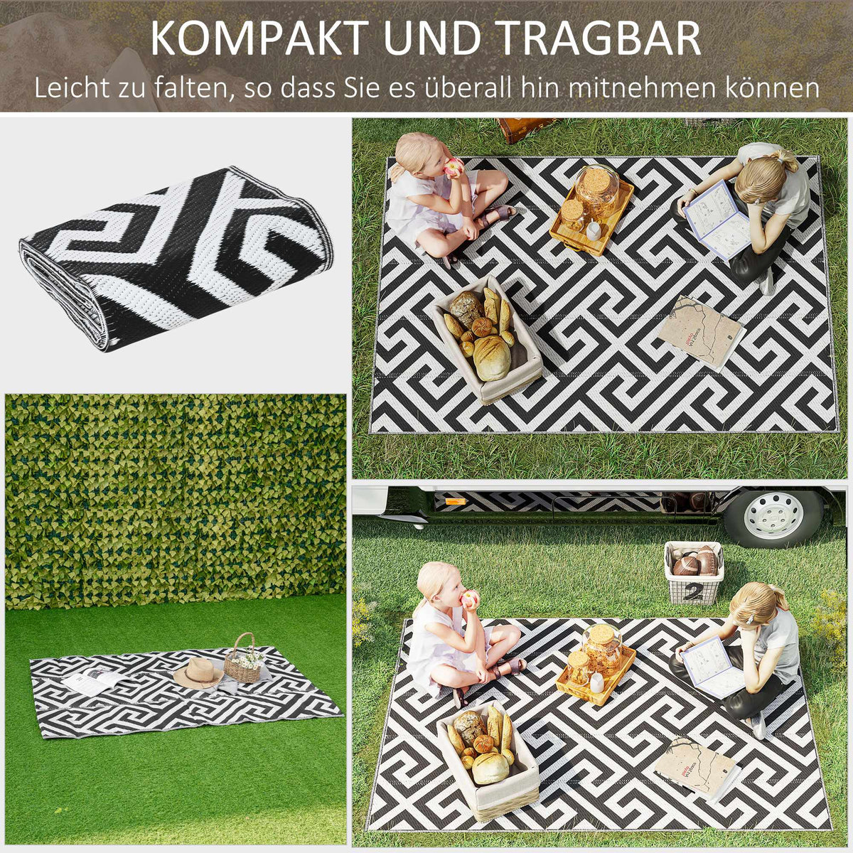 Reversible Outdoor Rug, Durable, Black/White, 121 x 182 cm