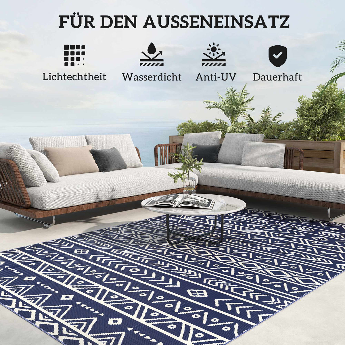 Reversible Outdoor Rug, Weatherproof, 182x274 cm, Blue/White