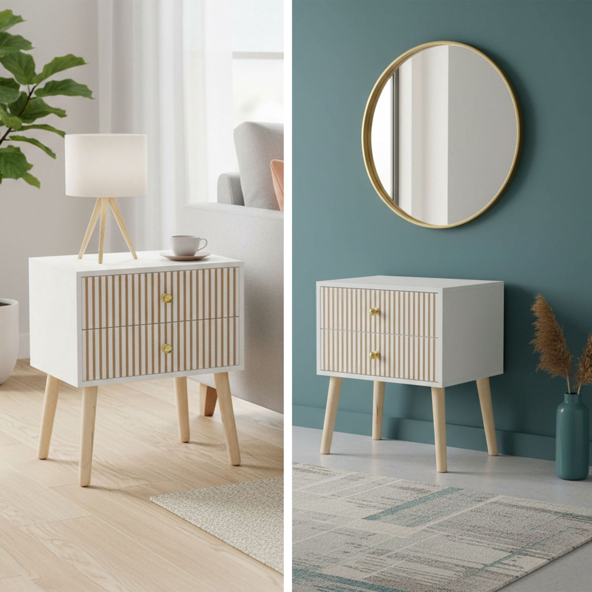 Ribbed Bedside Table, 2 Drawers, Scandinavian Style