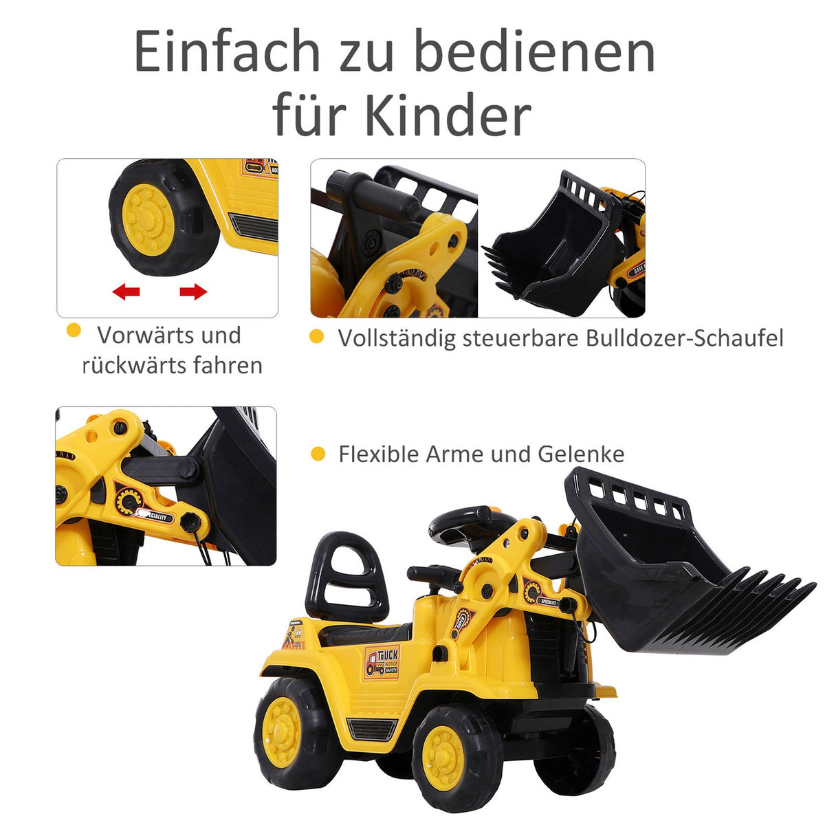 Ride-On Car Children'S Excavator Seat Excavator With Storage Compartment & Horn, Balance Bike, Yellow + Black