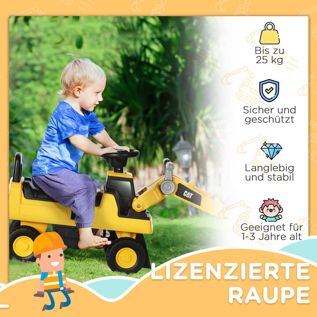 Ride-On Car Seat Excavator With Shovel & Horn, Storage Space, For Children From 12 Months, Yellow + Black, 85X27.5X47.5Cm