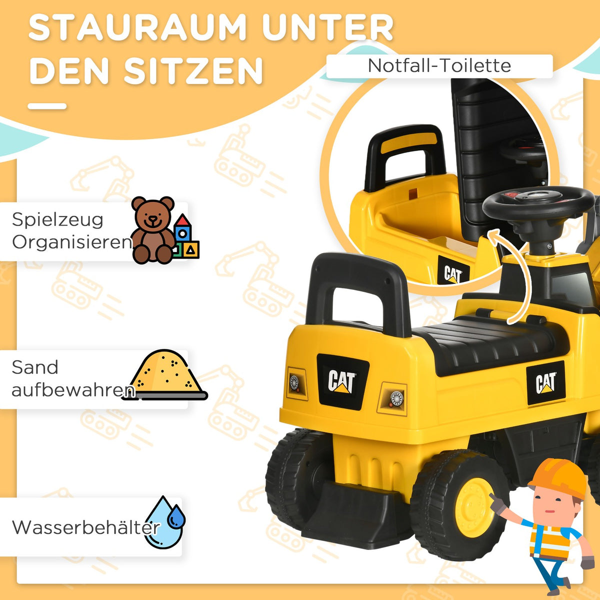 Ride-On Car Seat Excavator With Shovel & Horn, Storage Space, For Children From 12 Months, Yellow + Black, 85X27.5X47.5Cm
