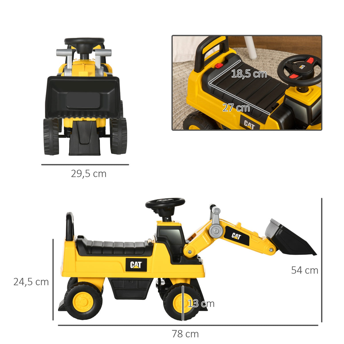 Ride-On Car Seat Excavator With Shovel & Horn, Storage Space, For Children From 12 Months, Yellow + Black, 85X27.5X47.5Cm