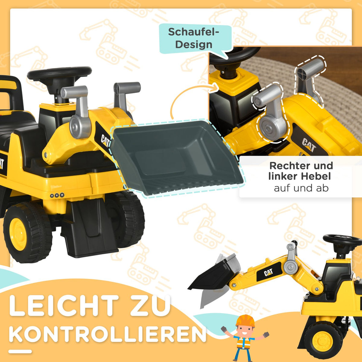 Ride-On Car Seat Excavator With Shovel & Horn, Storage Space, For Children From 12 Months, Yellow + Black, 85X27.5X47.5Cm