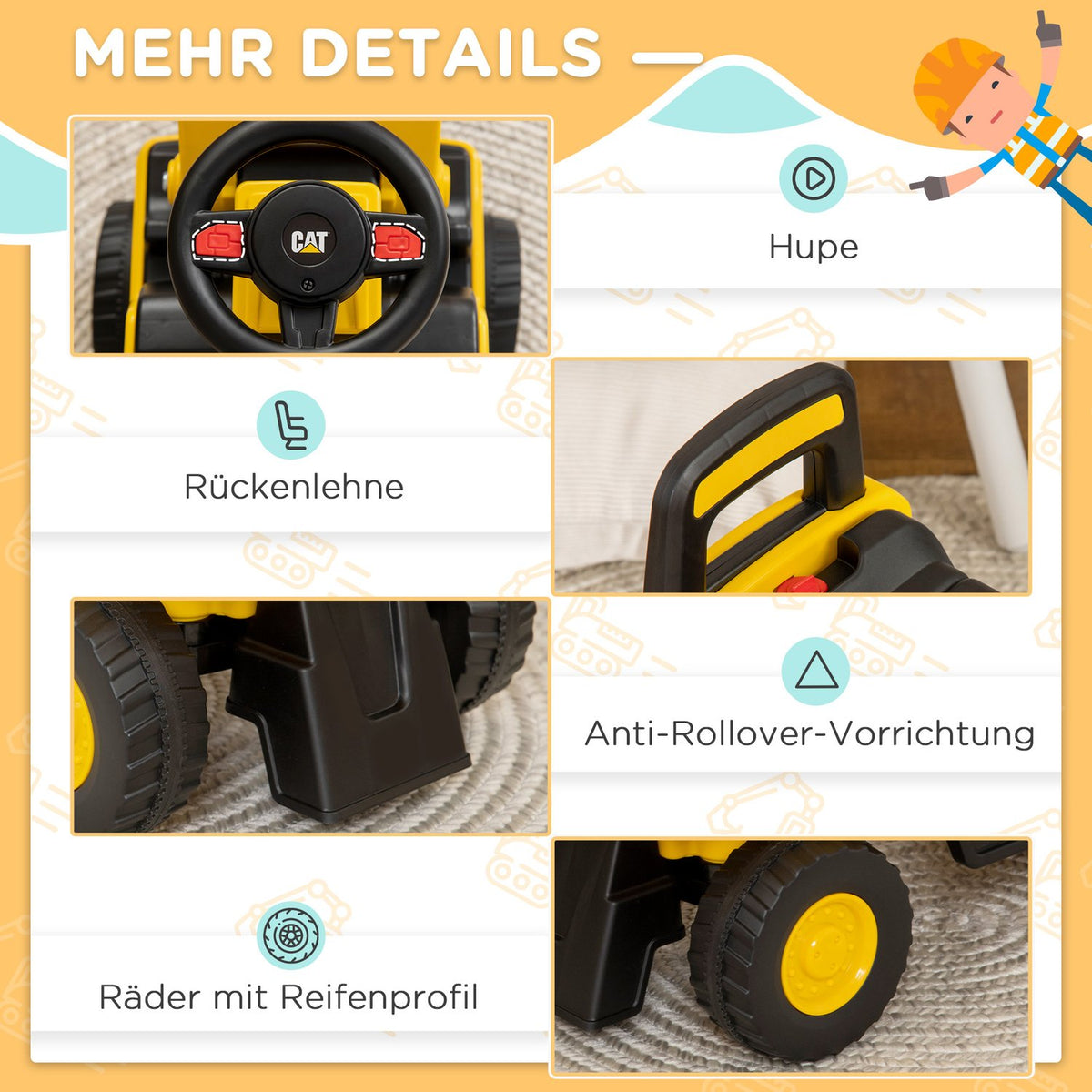 Ride-On Car Seat Excavator With Shovel & Horn, Storage Space, For Children From 12 Months, Yellow + Black, 85X27.5X47.5Cm