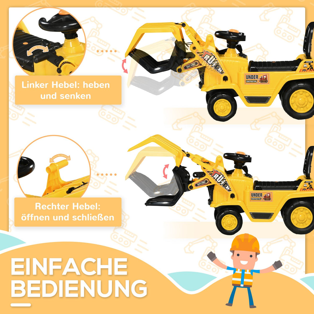 Ride-On Excavator With Shovel, Horn And Sound Effects, Storage Space, For 3-4 Years, Yellow + Black