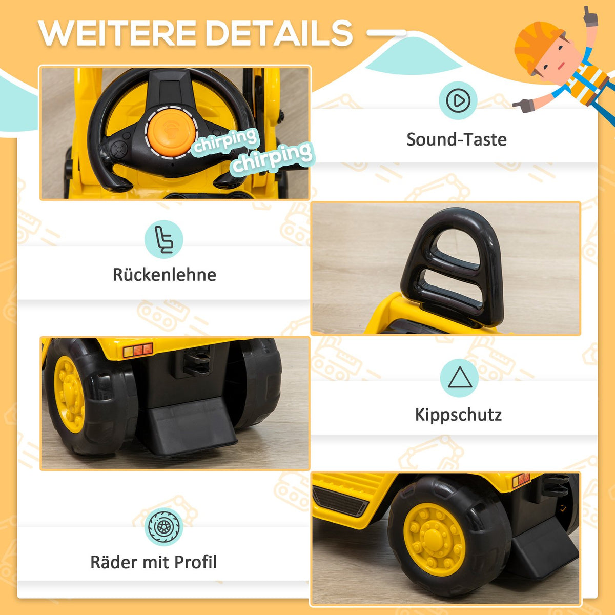 Ride-On Excavator With Shovel, Horn And Sound Effects, Storage Space, For 3-4 Years, Yellow + Black