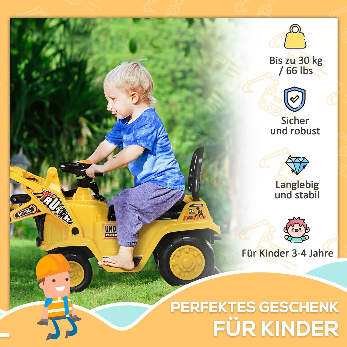 Ride-On Excavator With Shovel, Horn And Sound Effects, Storage Space, For 3-4 Years, Yellow + Black
