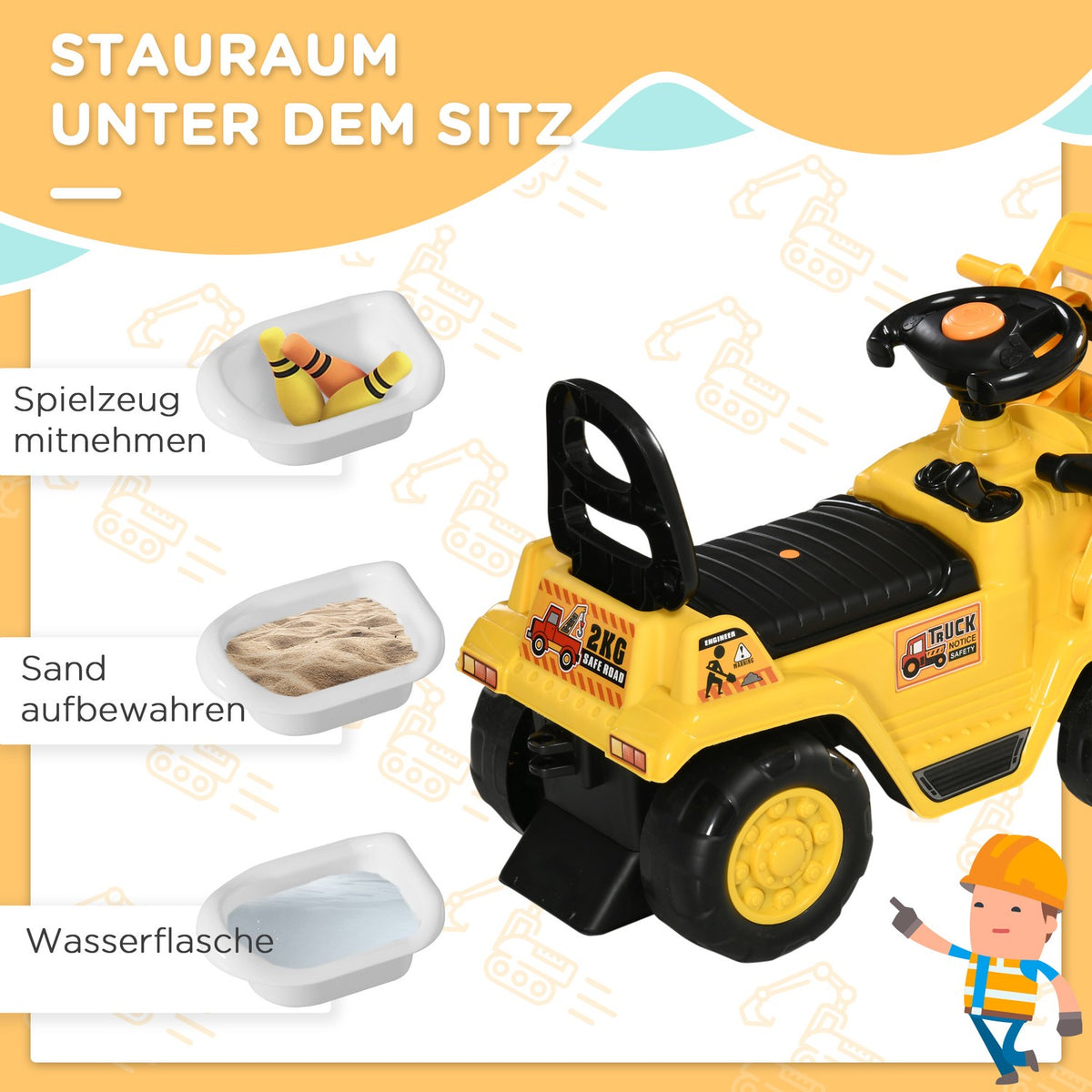 Ride-On Excavator With Shovel, Horn And Sound Effects, Storage Space, For 3-4 Years, Yellow + Black