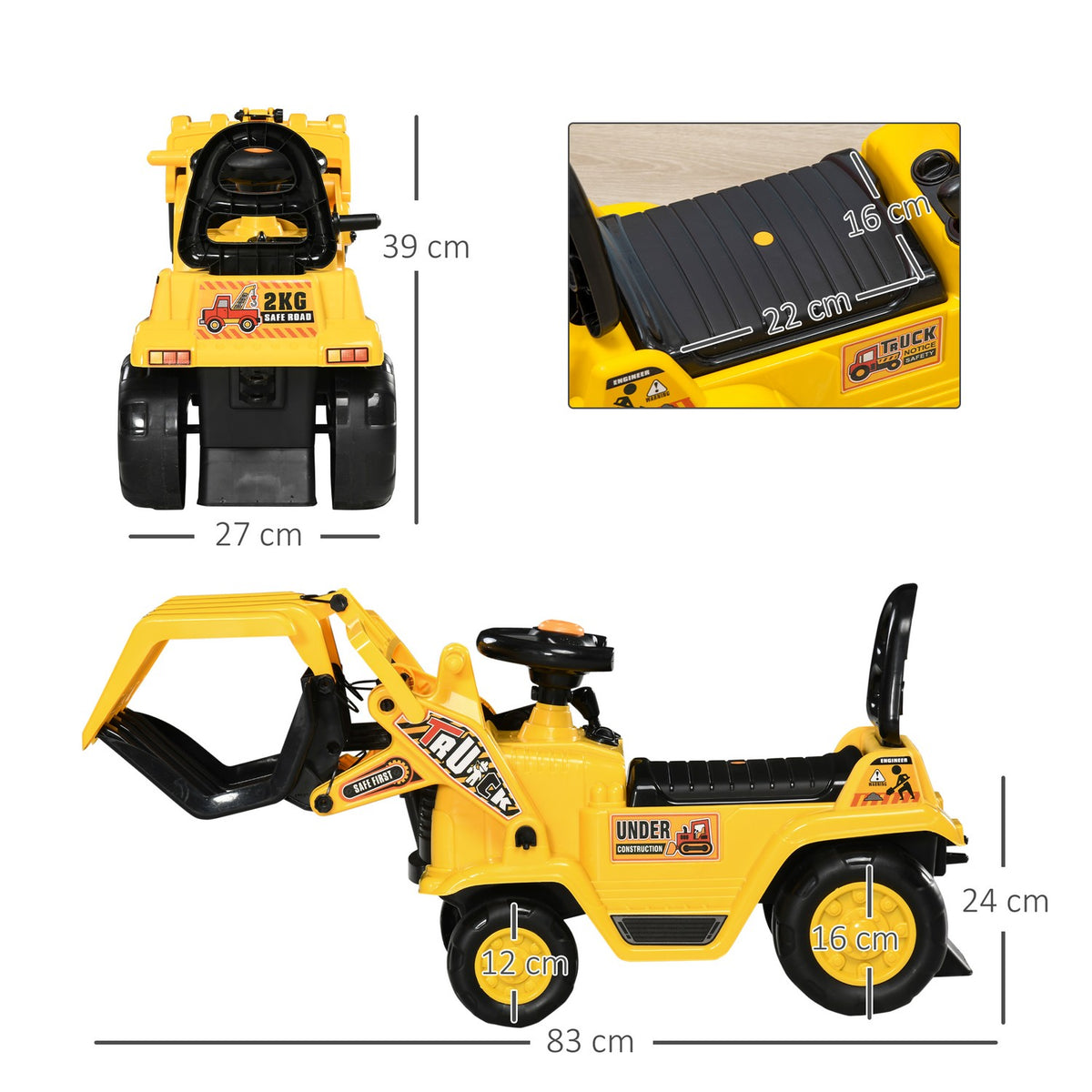 Ride-On Excavator With Shovel, Horn And Sound Effects, Storage Space, For 3-4 Years, Yellow + Black