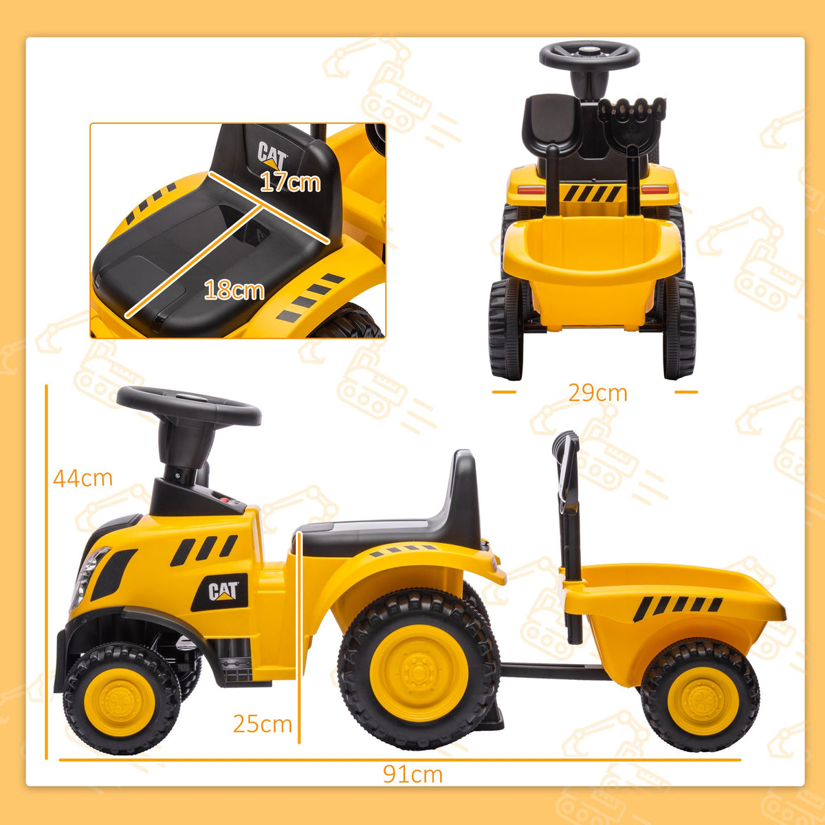Ride-On Excavator with Shovel & Trailer, Yellow, Ages 1-3