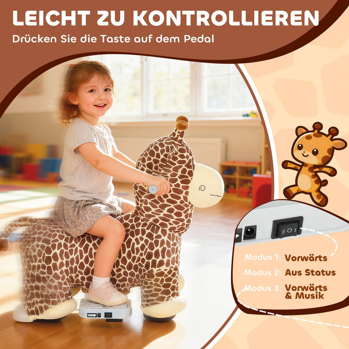 Ride-On Giraffe Toy, Battery-Powered, Washable Cover, Ages 1.5-5
