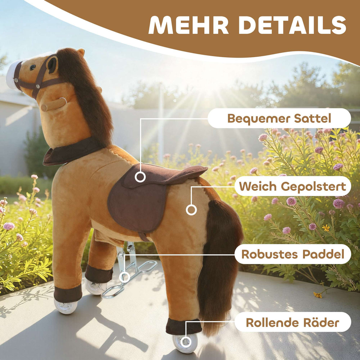 Ride-On Horse for Kids, Soft Fabric, Ages 3-5, Dark Brown
