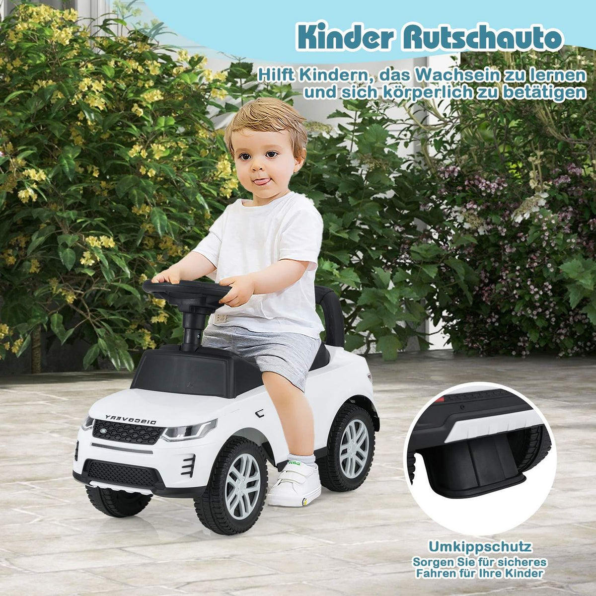 Ride-On Toy Car with Storage, White, Safe for Toddlers